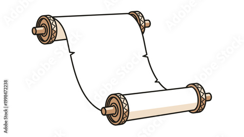 Traditional wooden and paper unrolled scroll standing upright with decorative ends perfect for calligraphy or ancient messages.