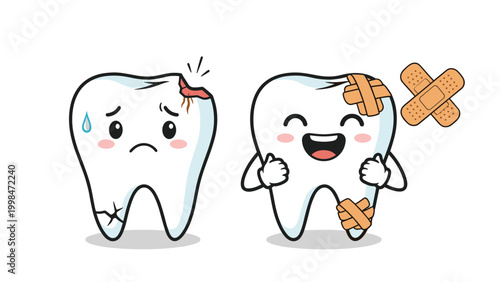 Cartoon illustration of a sad cracked tooth next to a happy tooth with bandages and medical tape to show effective dental care.