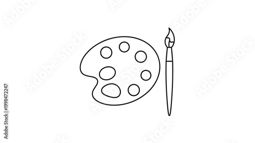 Simple black and white line art illustration of a wooden painter palette with holes for paint and a fine artist paintbrush.