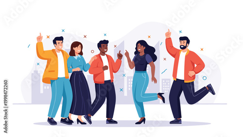 Group of diverse friends dancing and celebrating together in front of a simplified city skyline with colorful confetti and symbols.