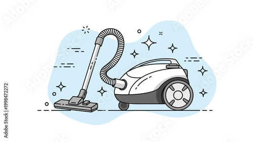 Modern canister vacuum cleaner with its hose and nozzle displayed on a clean abstract blue background with sparkling clean icons.
