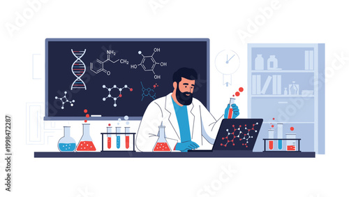 Male scientist in a white coat working in a laboratory with chemical formulas on a blackboard and various glass laboratory flasks.
