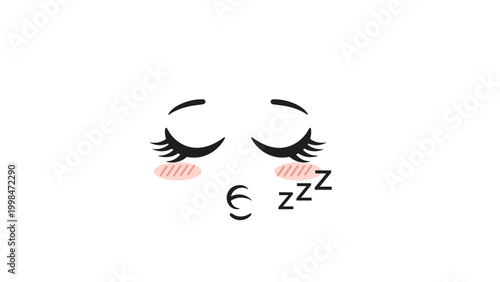 Stylized sleeping face with closed eyes, long eyelashes, pink blushed cheeks, and zzz symbols against a clean white background.