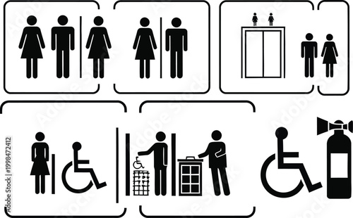 Set of diverse human pictogram icons for signage, including gender representation, accessibility, and facility guidance for diverse environments.