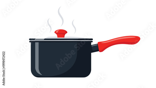 Dark grey cooking pot with a red handle and lid releasing steam to indicate hot food preparation in a kitchen setting.