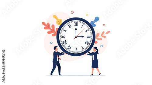 Man and woman in business suits holding a large clock face together to represent time management and deadlines.