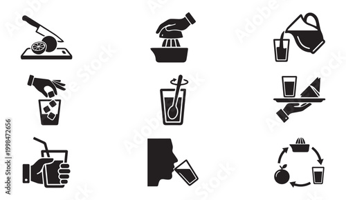 Drink and beverage preparation process icons with beverage, preparation