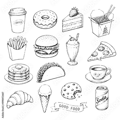Hand-drawn sketch of classic comfort foods and beverages — coffee, donut, burger, pizza, and more, with 