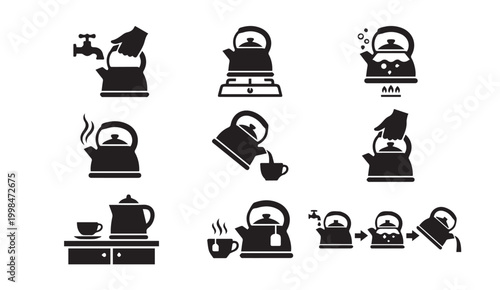 Tea kettle usage and boiling procedure icons with preparation, beverage