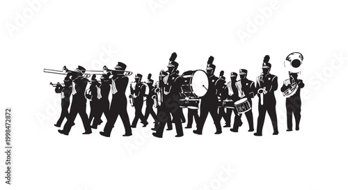 Marching band members playing musical instruments in parade procession forming silhouette pattern on isolated white ground.