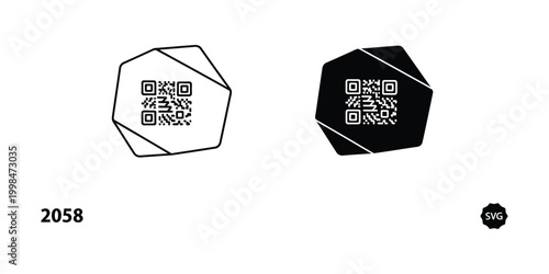 Two stylized qr codes embedded within irregular polygonal shapes for visual design
