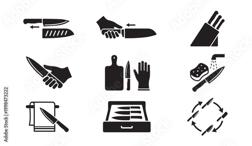 Kitchen knife usage and maintenance glyph icon set with culinary, preparation