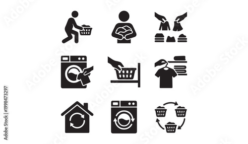 Laundry management and housework glyph icon set with management, housework
