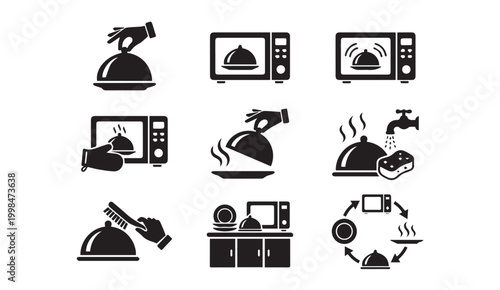 Set of black icons representing food preparation and kitchen service