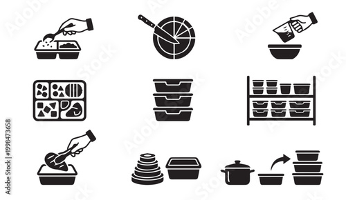 Set of food storage and meal prep icons with container organization lifestyle