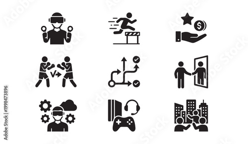 Virtual reality and gaming experience icons with competition strategy business