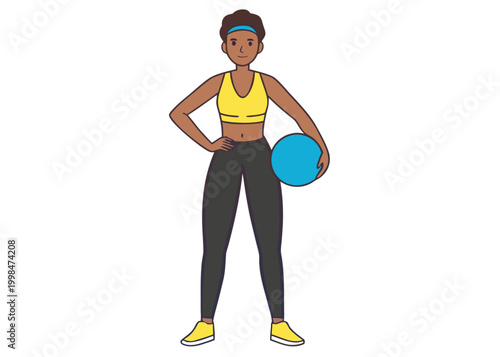 A woman with dark skin wearing a blue headband and a yellow sports bra stands holding a blue fitness ball against a plain white background.