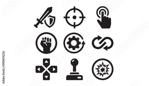 Gaming and combat user interface icon collection with joystick, settings
