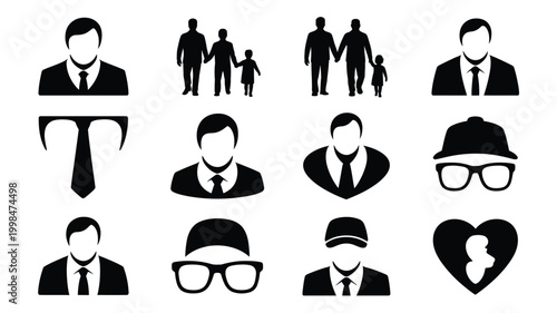 Collection of black silhouettes depicting business people relationships and emotions on white background