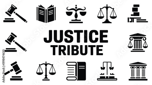 Justice tribute icons set including law symbols and court buildings on white background