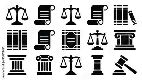 Vector illustration of law icons including scales gavel books and columns on white background