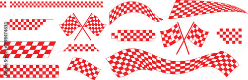 Collection of red and white checkered racing flags on transparent background for design

