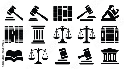 Justice and law icons set including gavel scales book court judge lawyer and justice symbols in black silhouette