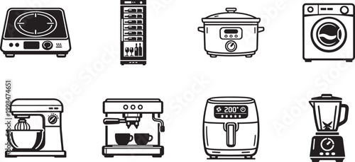 Kitchen appliances and white goods icon set thin line vector on white for home and cooking design.