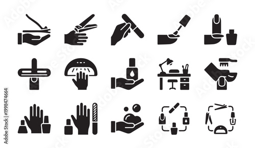 Manicure and nail salon procedure icons with manicure cosmetic treatment