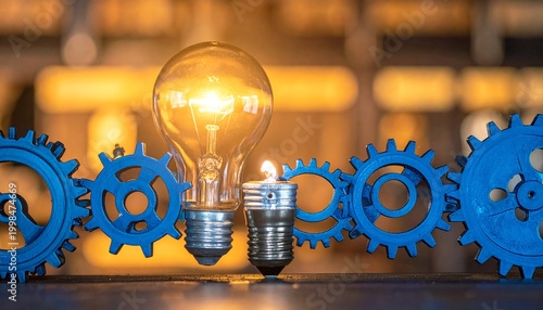 Glowing Light Bulb Above Blue Gears for Lifestyle Branding, Innovation Inspiration, and Creative Engineering Visual Concepts