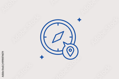 Compass with location pin line icon for orientation in unknown terrain and precise directional guidance. Exploratory vector illustration for hiking guides and maritime navigation software interfaces.