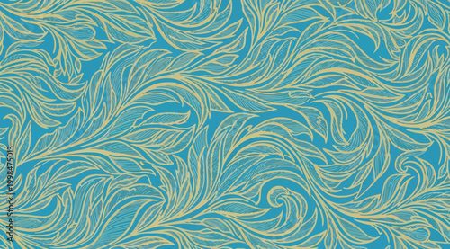Seamless pattern with ornate floral leaves in teal and light green
