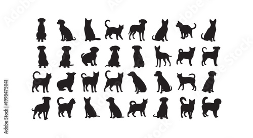 Set of cute animal silhouettes including various breeds of dogs and cats for creative design projects and pet shops.