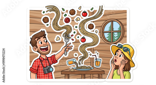 cartoon couple amazed by whimsical food tree in cabin