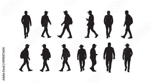Set of human figures walking silhouettes isolated on white background showing diverse daily life active movement poses.