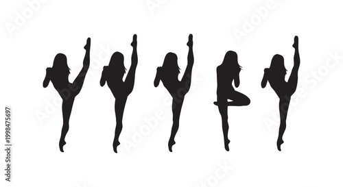 Set of female dancer silhouettes posing in ballet and modern dance movements isolated on white background design art.