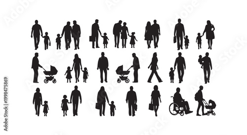 Set of people and families with babies and kids in different situations silhouette vector illustration design art.