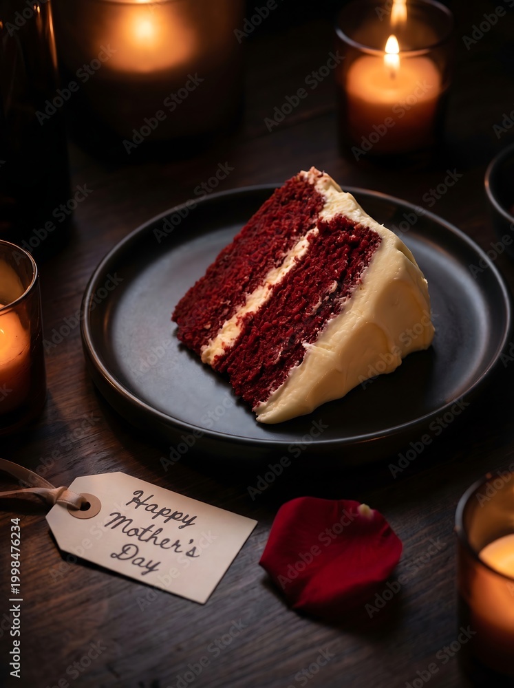 Obraz premium Slice of red velvet cake, mother's day tag, and candles on dark wooden table.