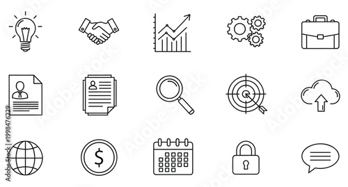 Business lightbulb, handshake, graph, gears, briefcase, resume, magnifier, target, cloud