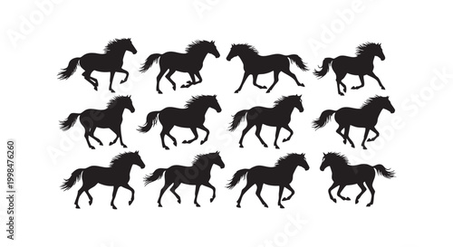 Set of running horses silhouettes showing elegant posture and powerful movement in various directions isolated on white.
