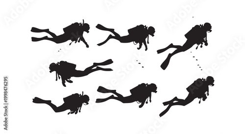 Set of scuba divers swimming silhouettes with gear vector illustration isolated on white background for underwater.