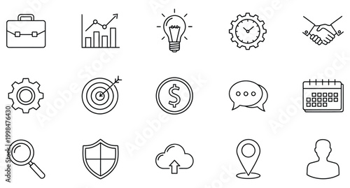 Business briefcase, graph, lightbulb, clock, handshake, gear, target, dollar, chat, calendar