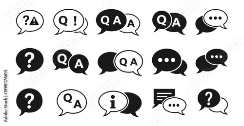 Vector graphic illustration featuring a diverse collection of speech bubble icons for question, answer, chat, and information communication.