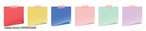 A colorful collection of six sticky notes with curled corners and taped tops in a graphic illustration style