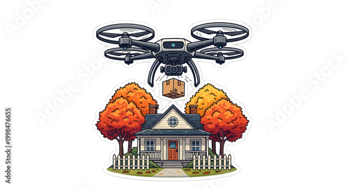 Drone delivering package to a house with autumn trees