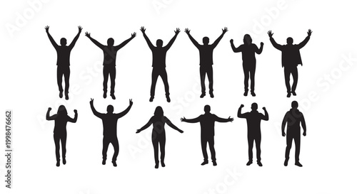 Set of silhouettes showing diverse people jumping or celebrating with raised arms isolated on clean white background.