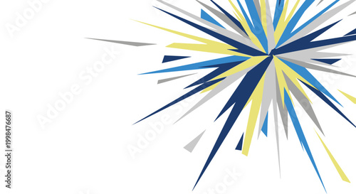 Dynamic abstract vector burst of geometric shapes in blue, yellow, and grey, radiating from a central point, embodying energy and modern design