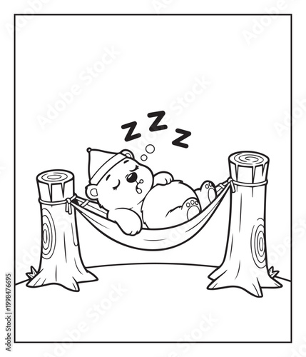 Wild animal cute bear sleeping in swing black outline vector coloring page for children 