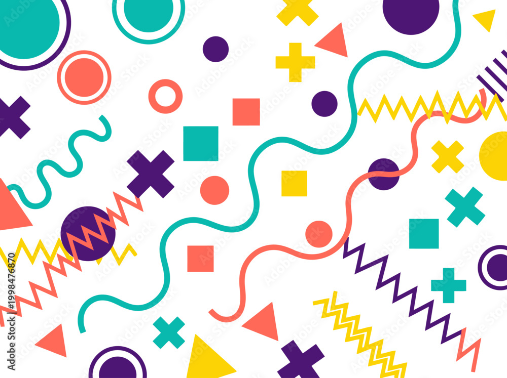 Obraz premium Colorful Memphis Style Abstract Background Featuring Retro Geometric Shapes, Zigzag Lines, and Squiggles on White Backdrop