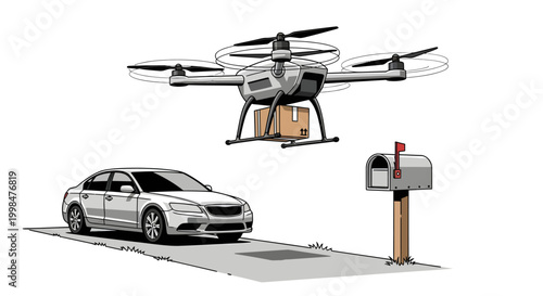 Drone delivering package to mailbox beside car